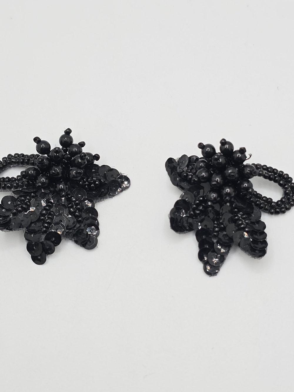 Black Beaded Sequin Floral Shoe Clips Rhinestone Whimsigoth Pair